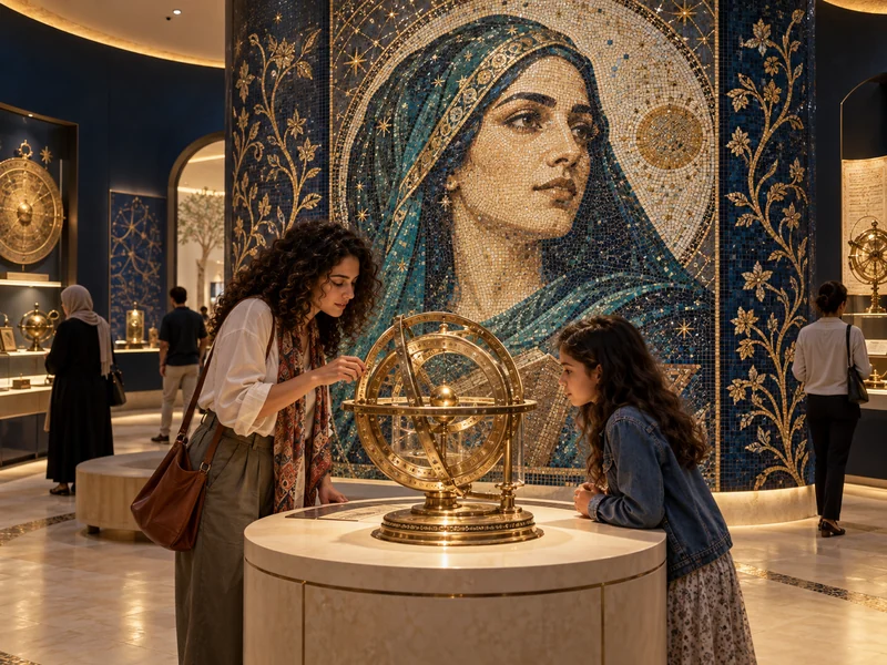Proposed exhibition concept with a mosaic portrait and visitors exploring an astronomical instrument