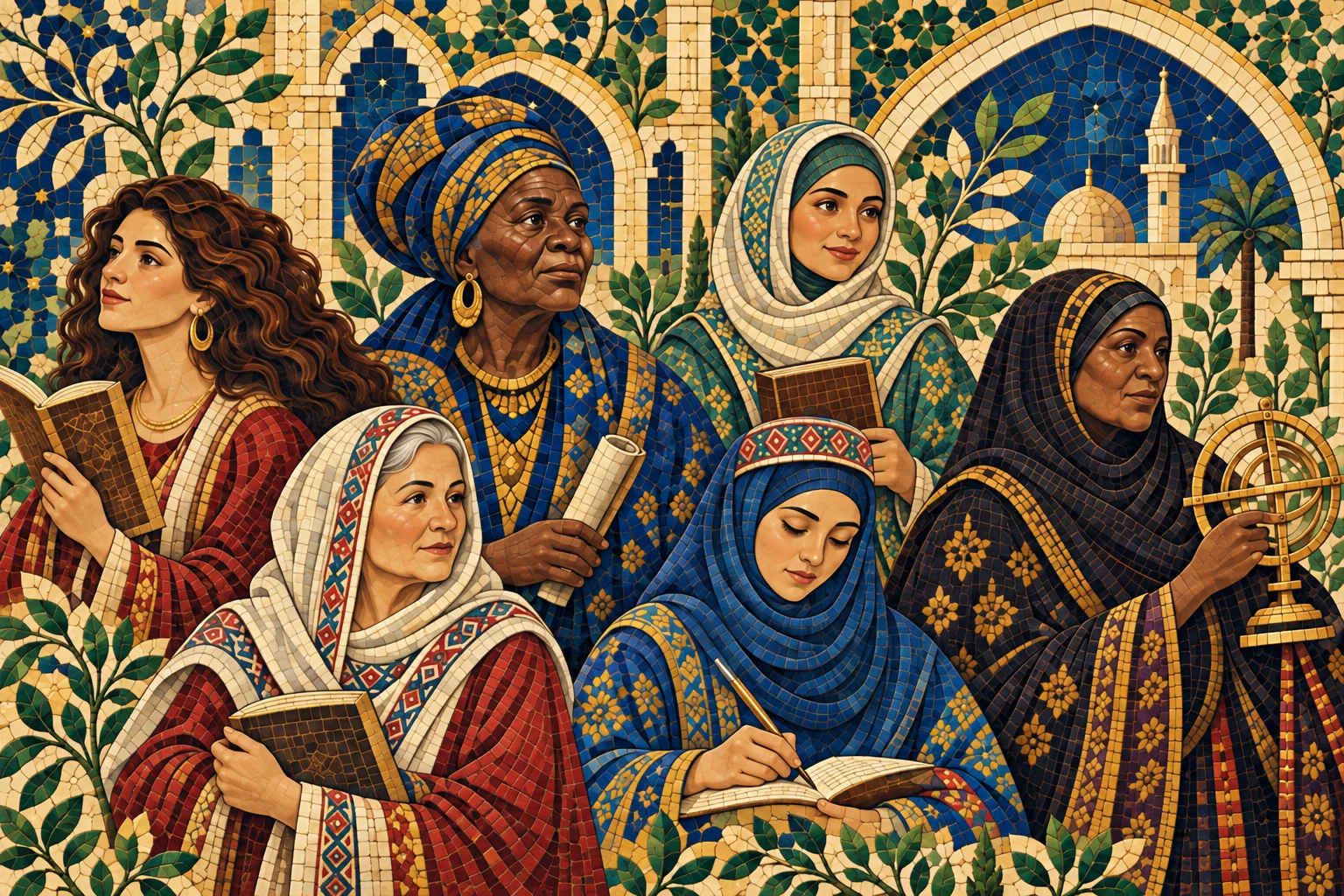 Mosaic illustration of six women of different ages and backgrounds reading, writing and exploring scientific knowledge.